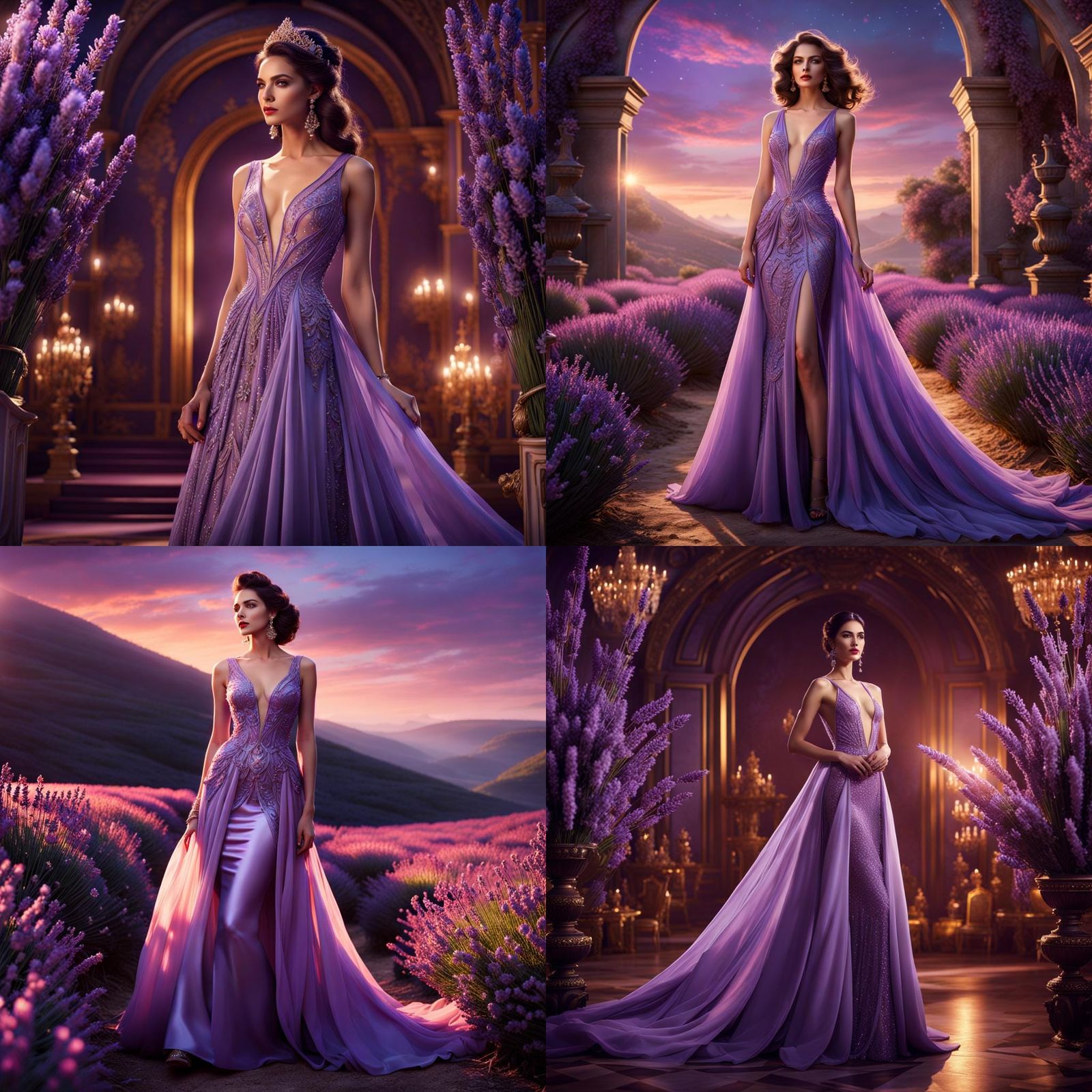 stunning young woman in a lavender evening gown, in the styl...