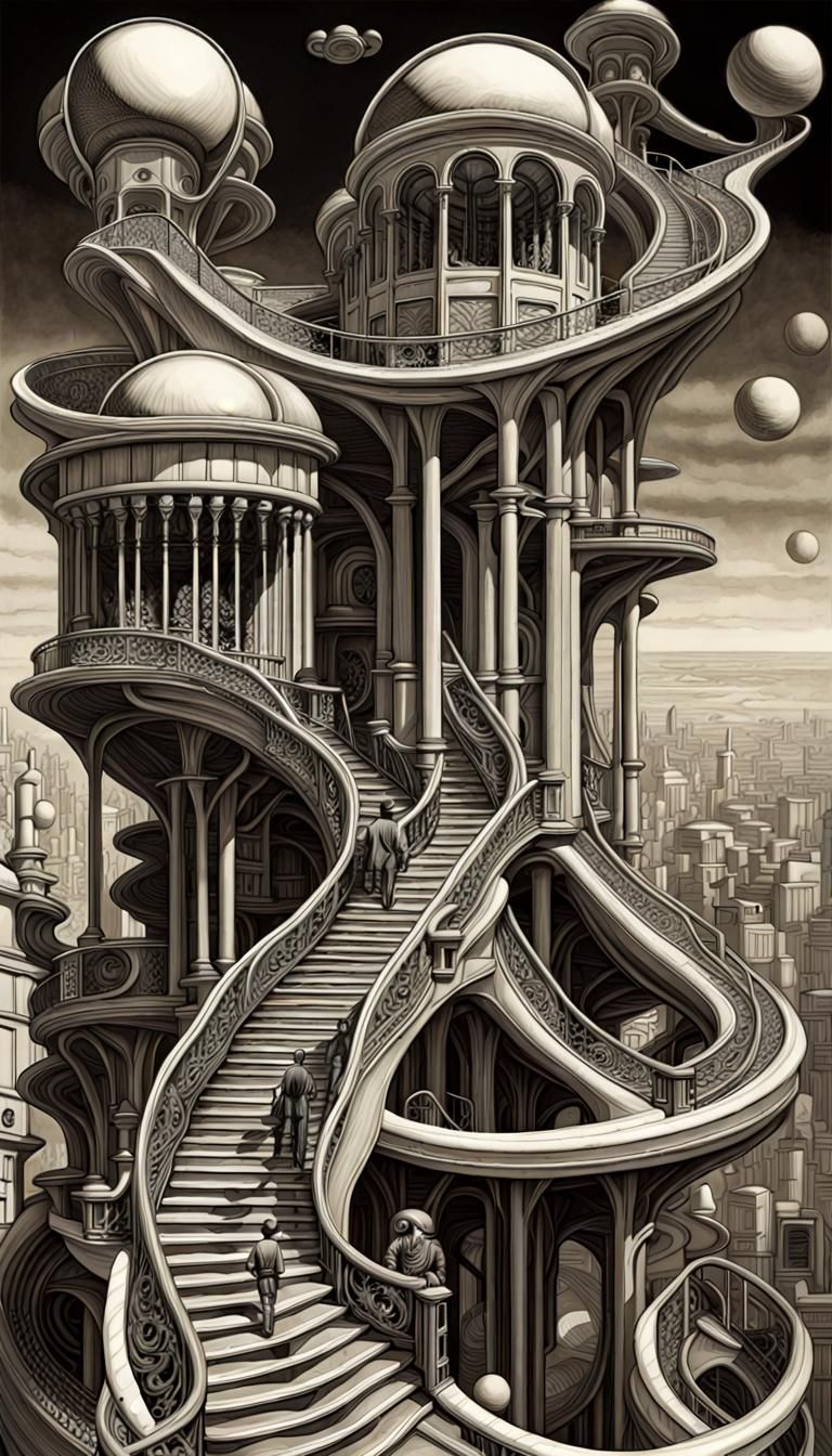 Surreal Staircase in Lithograph Style, Digital Art