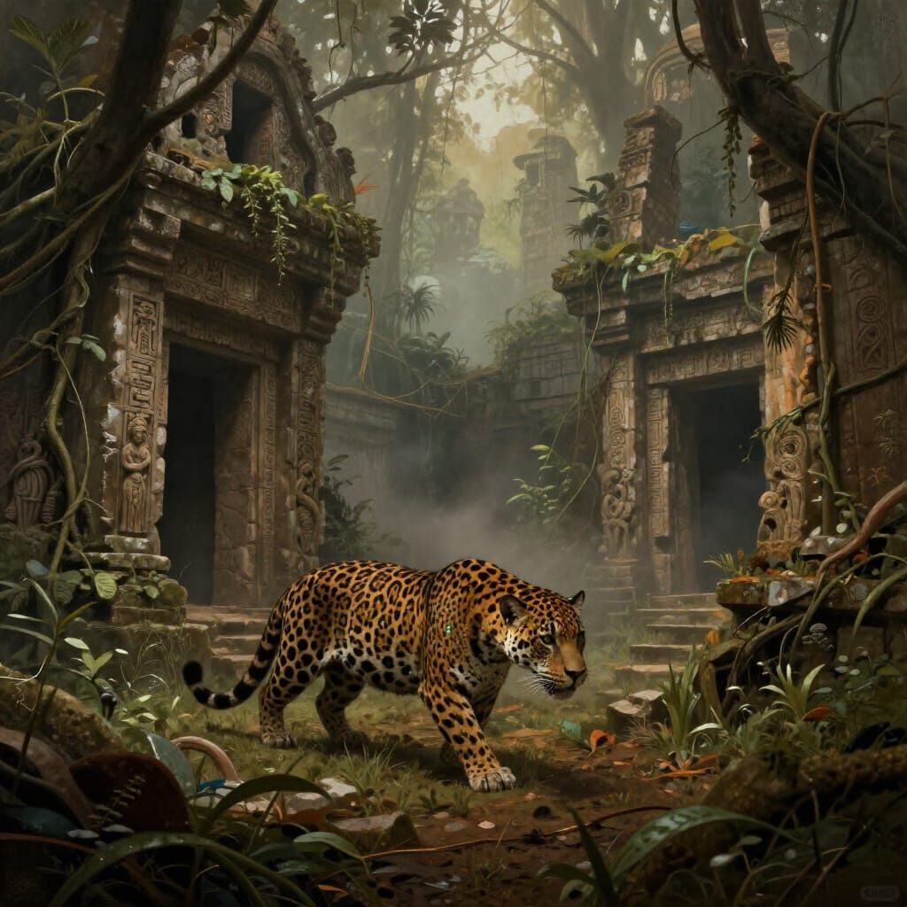 Bioluminescent Jaguar in Jungle Ruins