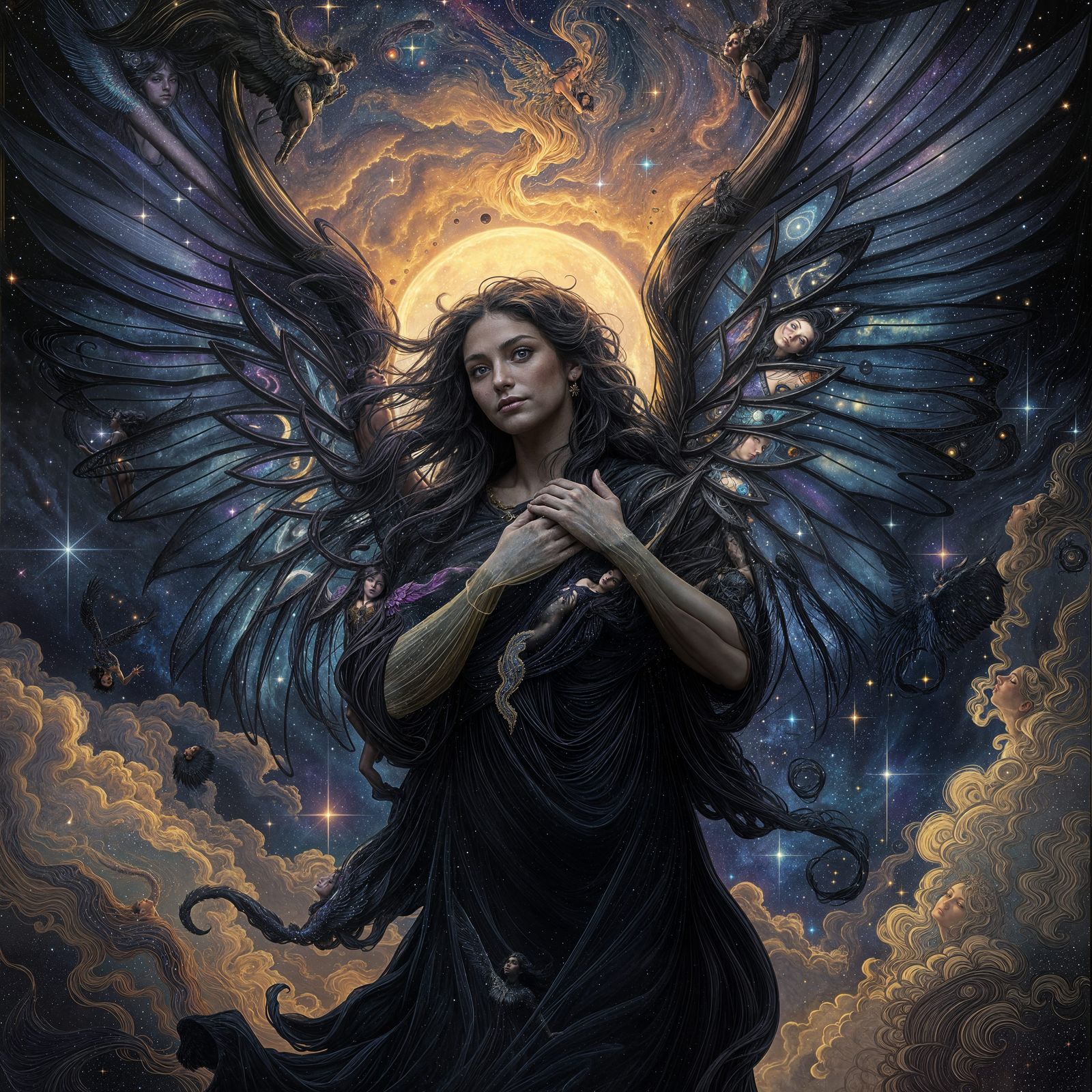 Black Angel Emerges from Cosmic Nebula in Art Nouveau Style