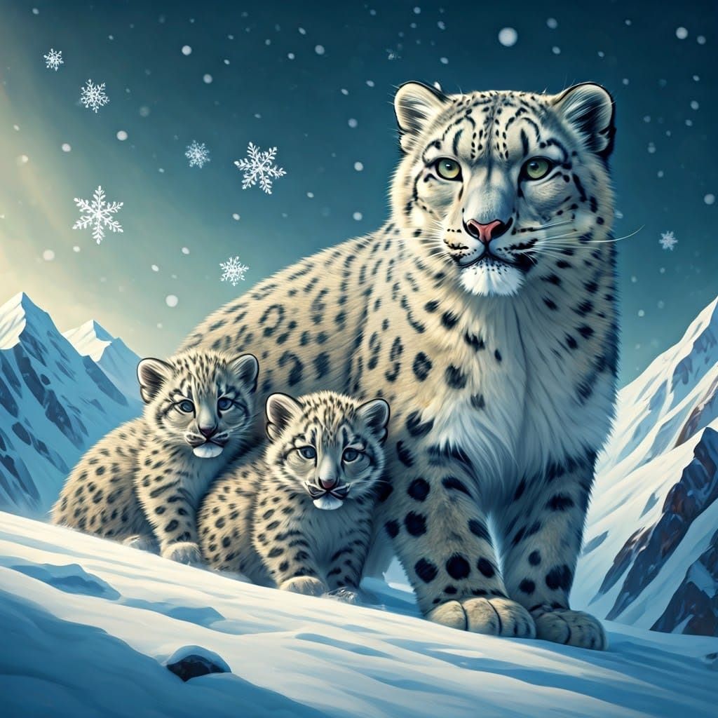 Snow Leopard Family in Snowy Mountain Illustration