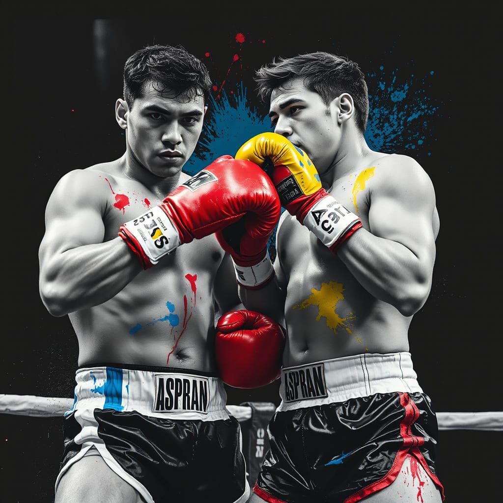 Boxers Clash in Monochrome Splatter Paint