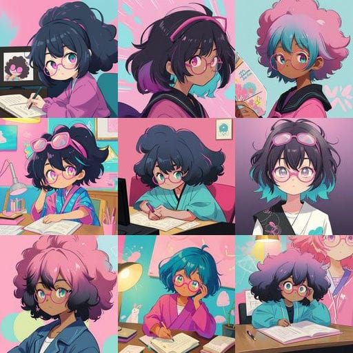 College Girl in Vibrant Flannel, Afro, and Anime-Inspired St...