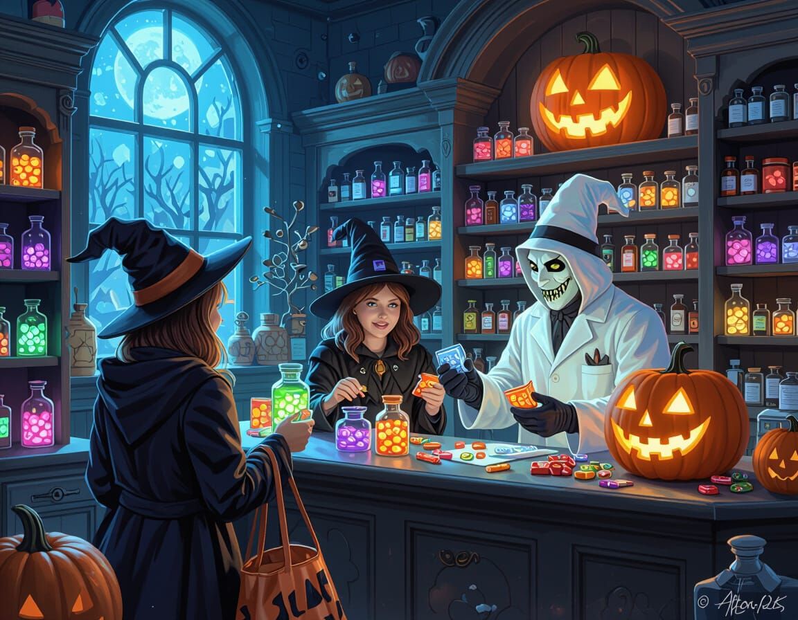 Spooky Halloween Pharmacy Scene With Glowing Potions