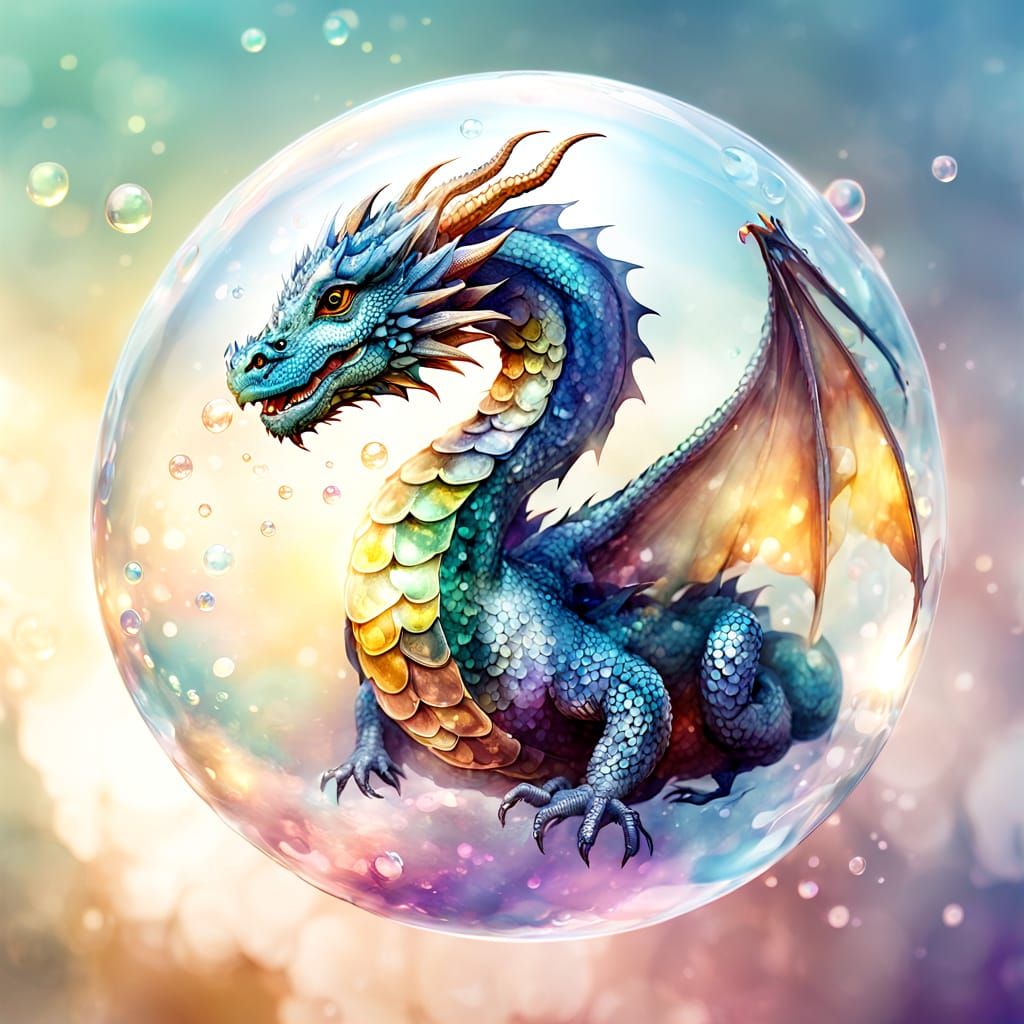 Tiny Dragon in Floating Bubble Watercolor Art