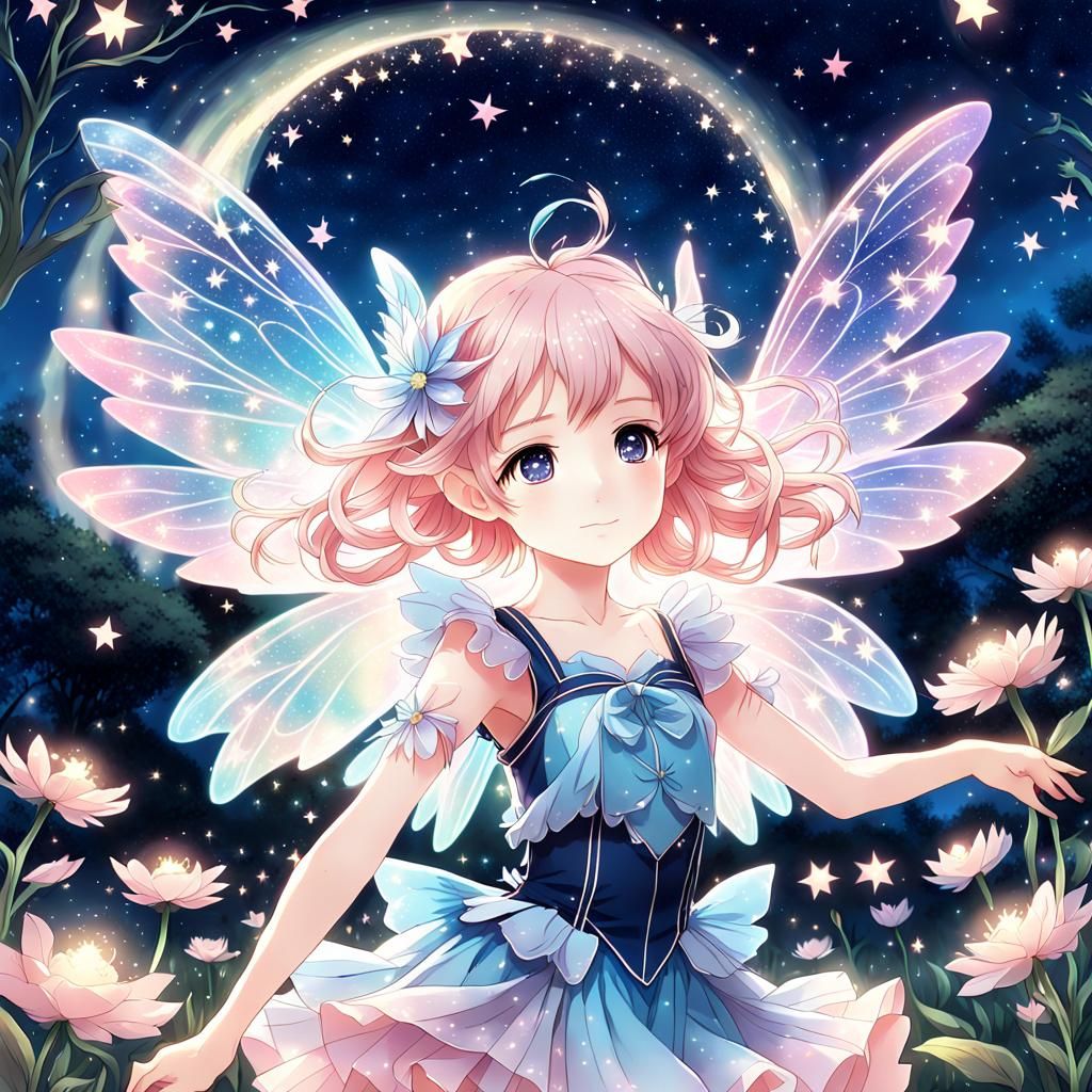Anime Fairy Dancing Under Starlight in Garden