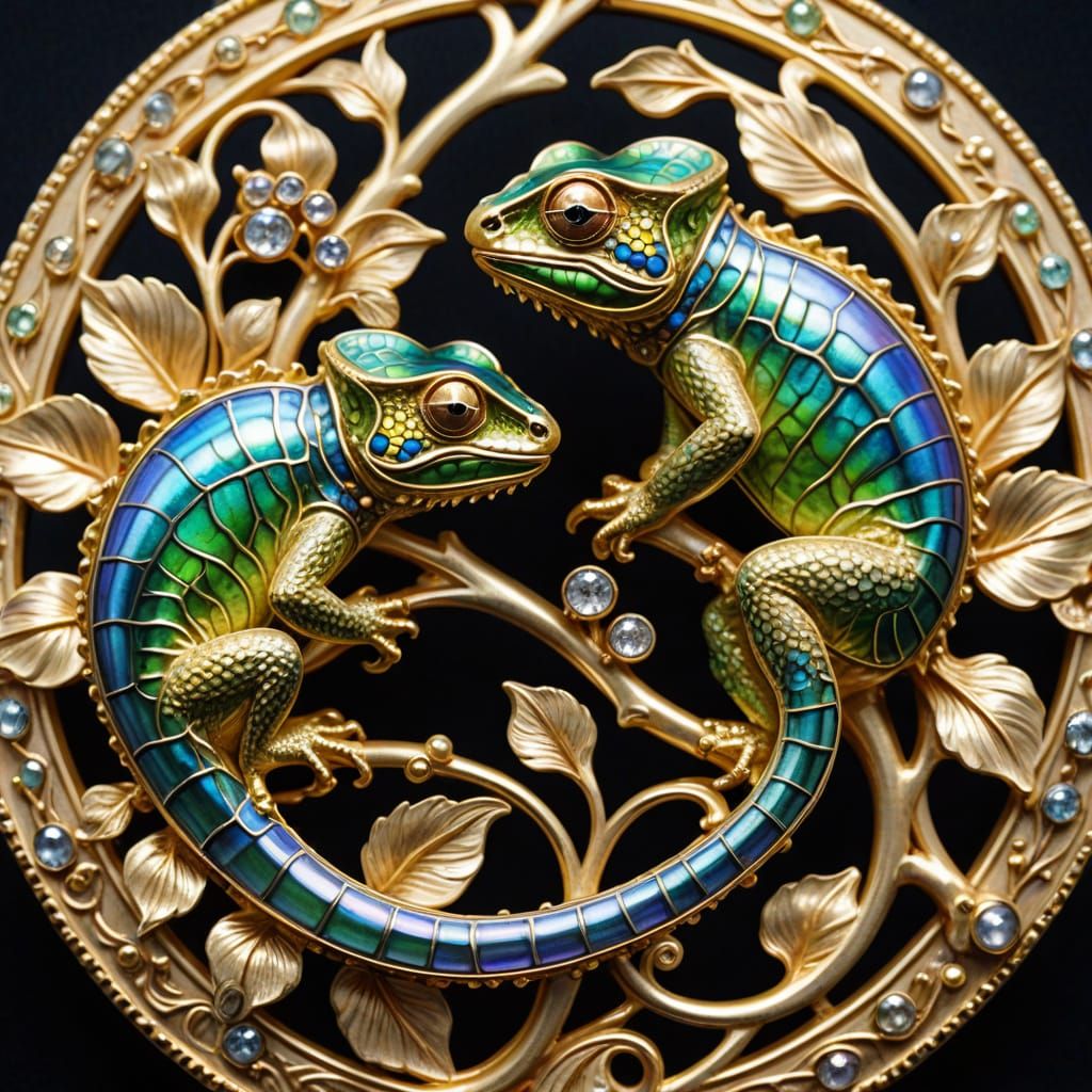 Art Nouveau Chameleon Brooch with Enamel Details
