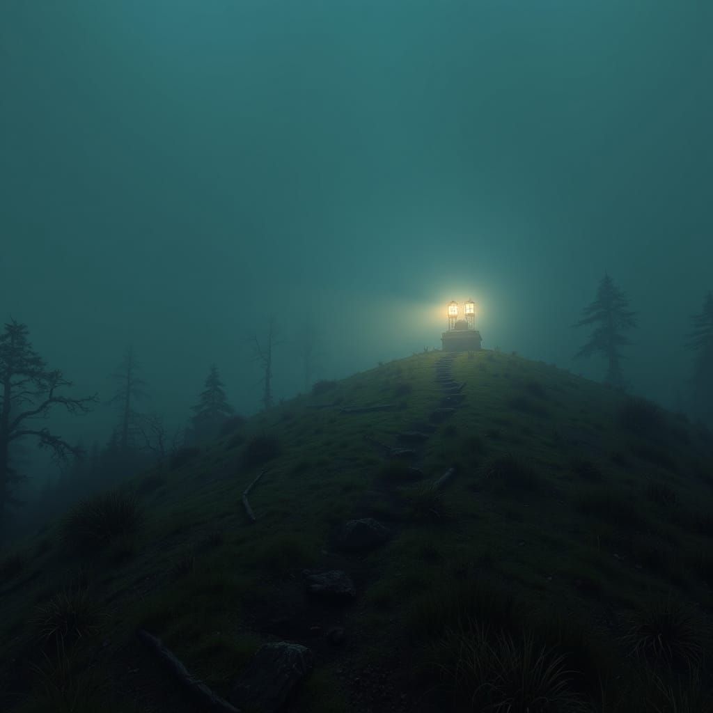 Eerie Hilltop Scene with Bloody Footprints