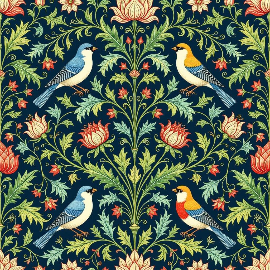 William Morris Style Wallpaper with Natural Motifs