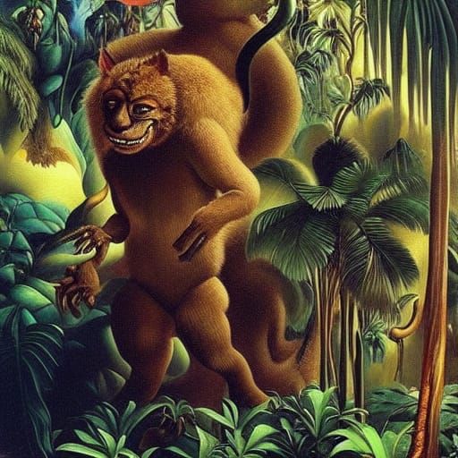 Surreal Furry Monster in Tropical Jungle