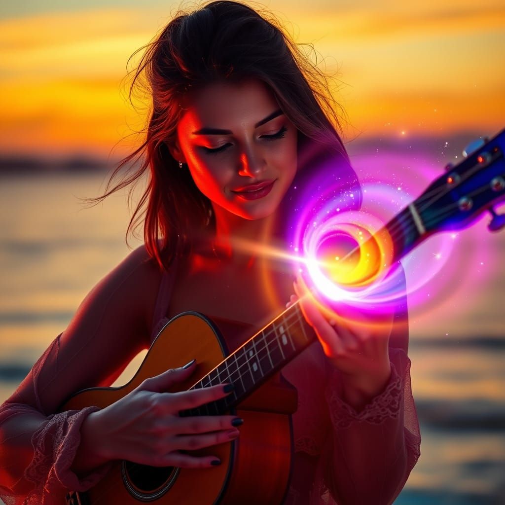 Female Guitarist Emits Luminescent Mist on Sunset Coast