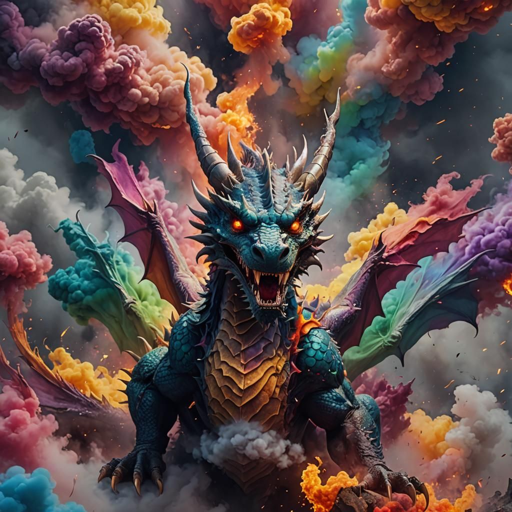 a dragon slowly emerging through a cloud of colored smoke, magical lighting, hyper detailed, hyper resolution, 8k, wide ...