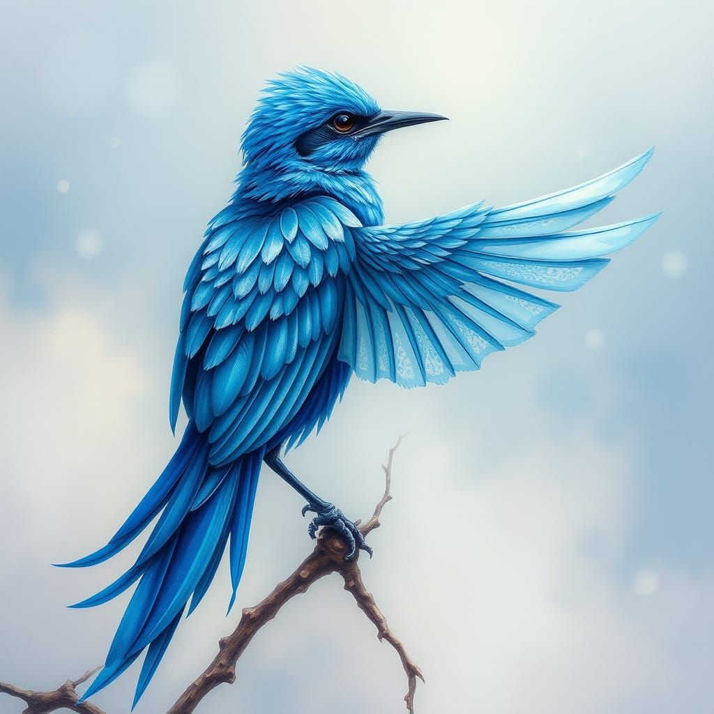 Blue Bird in Ethereal Mist, Gouache Painting with Watercolor...