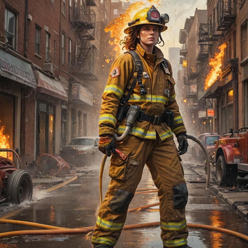 Heroic Firefighter in Burning City, Comic Book Art