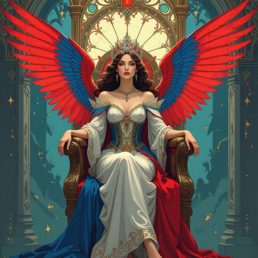 Regal Queen with Red and Blue Wings in Art Nouveau Style
