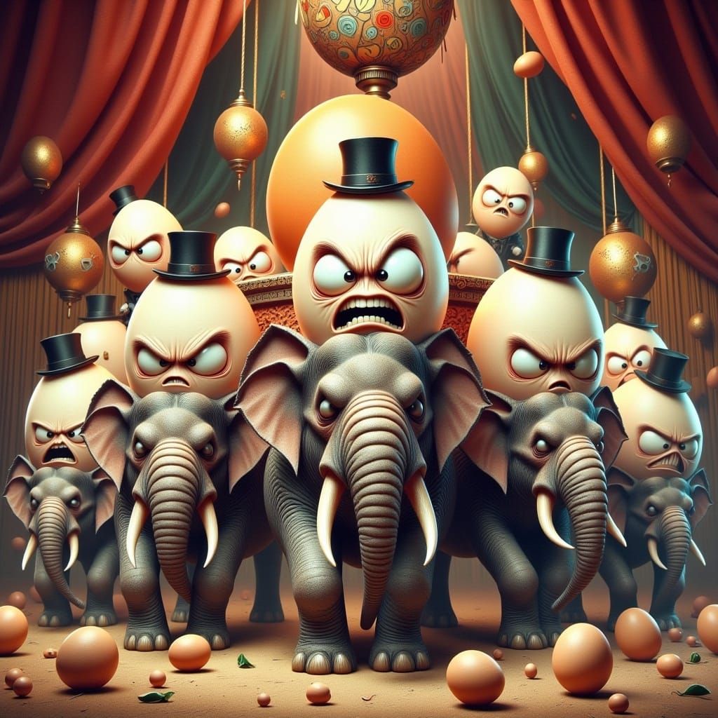 Angry Eggs Ride Elephants in Circus Tent