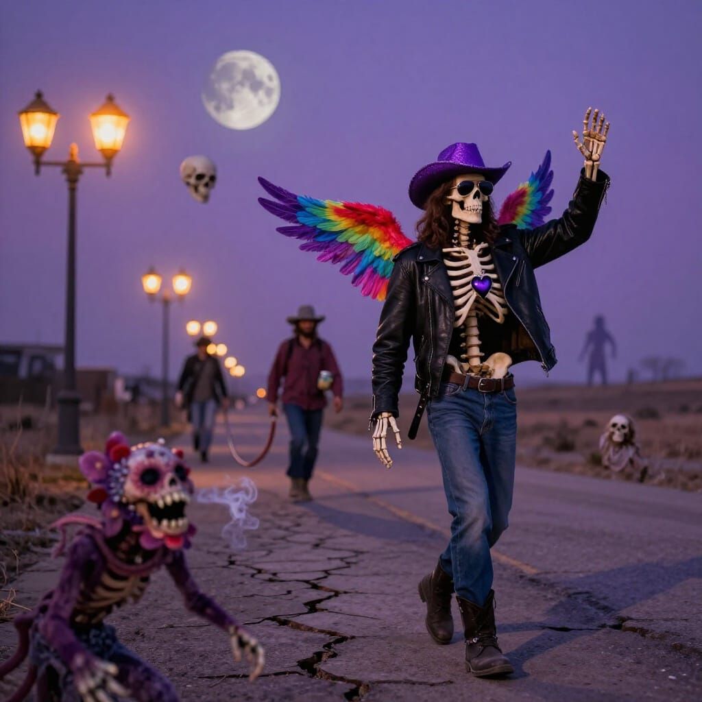 Surreal Landscape at Purple Hour with Skeleton Jesus