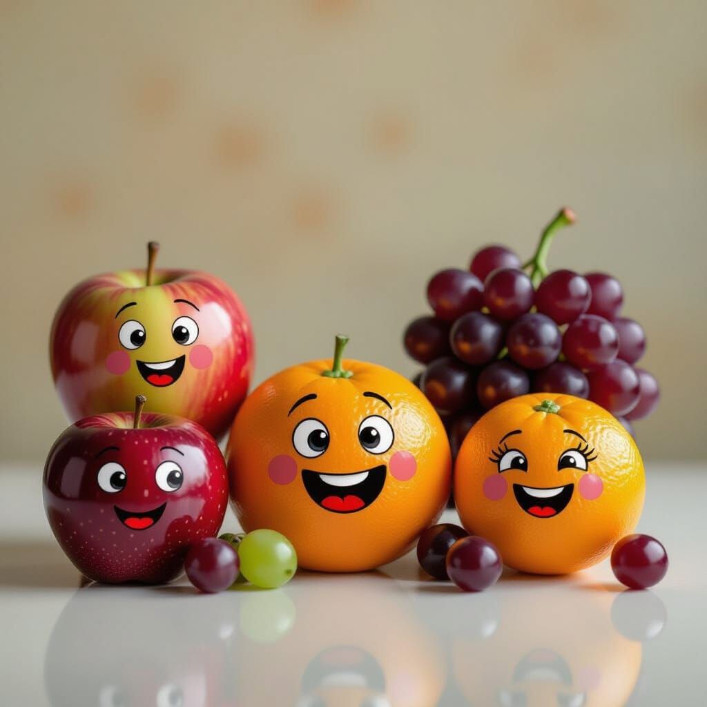 Whimsical Fruit Portrait: Expressive Apples, Oranges, and Gr...