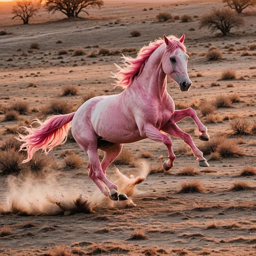 Pink Horse Running in the Sunset