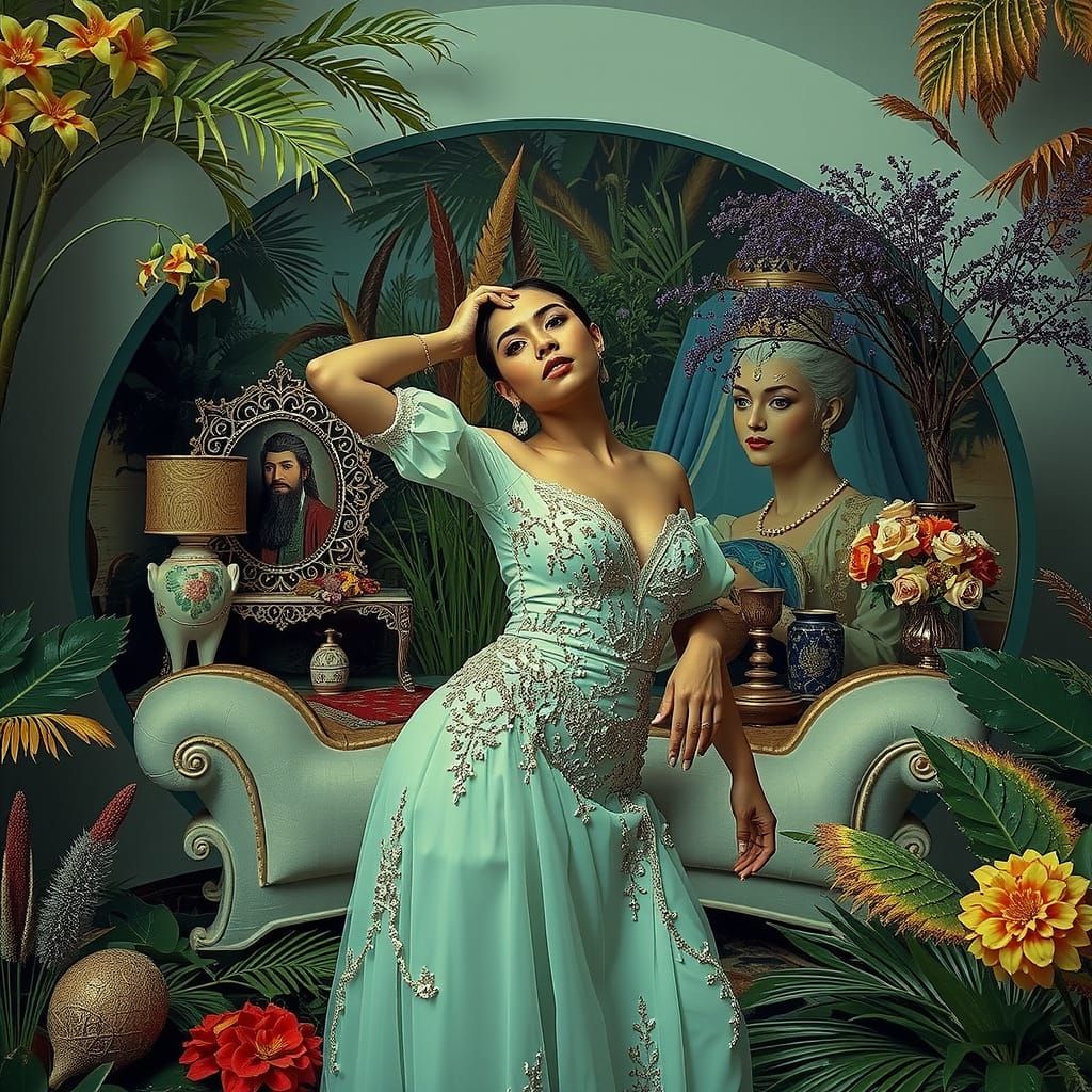 Elegant Woman in Lush Environment, Hyperrealistic Style