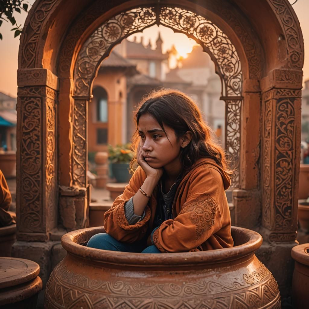 Worried Girl in Pot at Sunset: Concept Photography