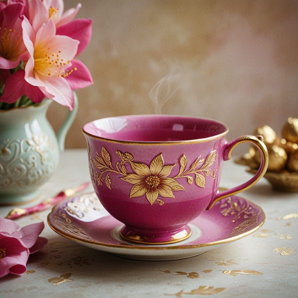 Cozy Fuschia Tea Cup with Golden Flowers in Soft Light
