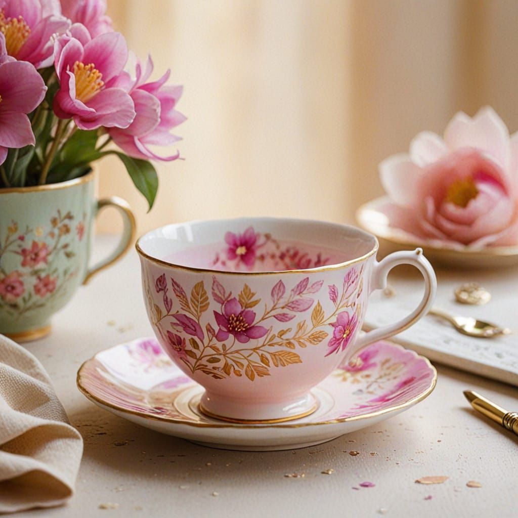Cozy Fuchsia Tea Cup with Golden Flowers in Watercolor