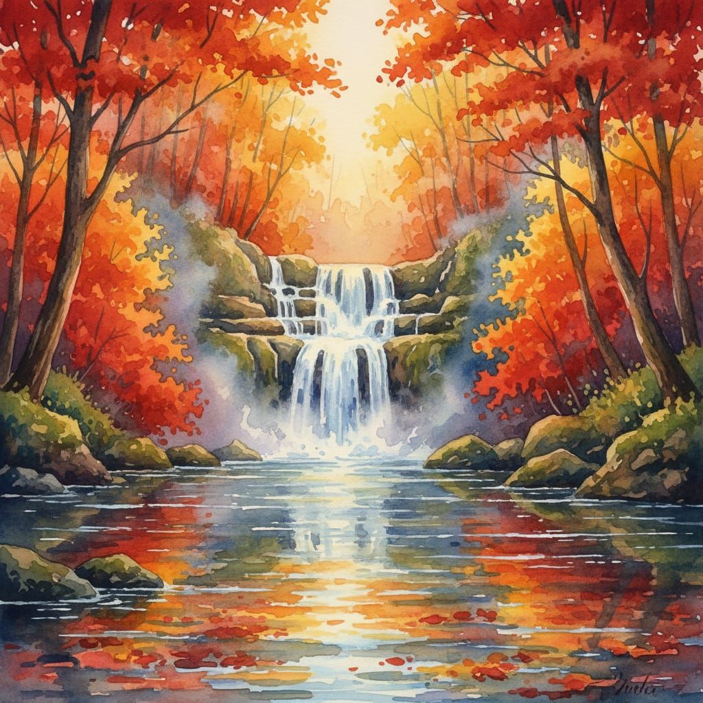 Enchanted Autumn Waterfall in Expressive Watercolor Style