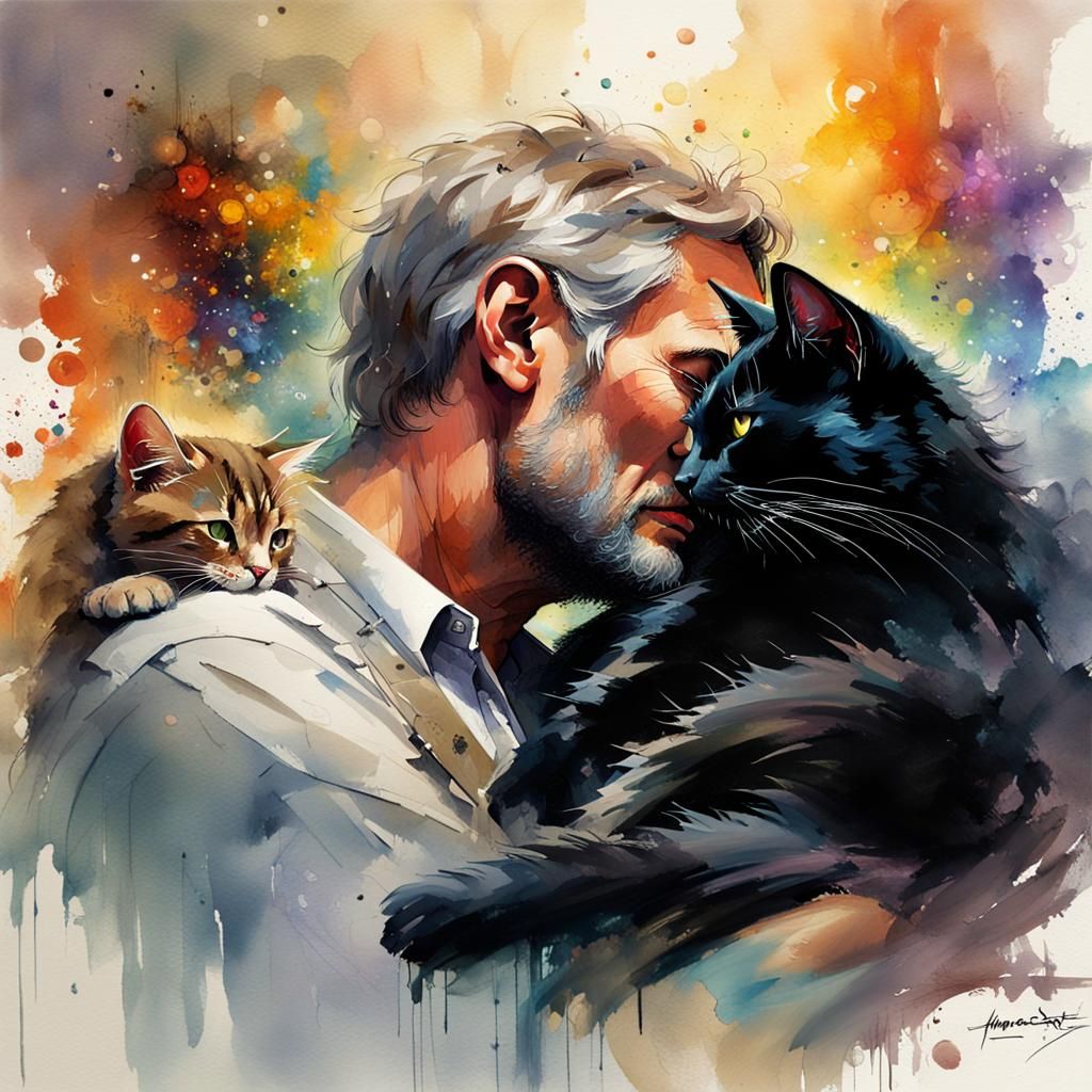 Man and Cat in Timescape Art Style