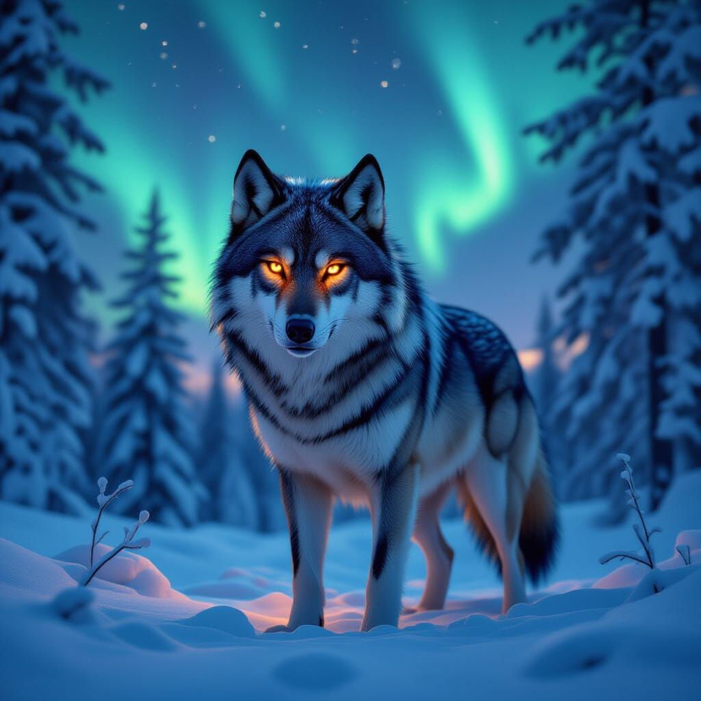 Dire Wolf Guardian in Aurora Borealis, Dark Fantasy Style