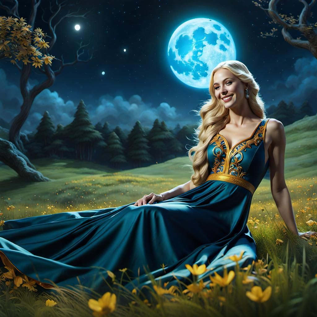 Blonde Woman in Saffron Dress Under Moon, Matte Painting