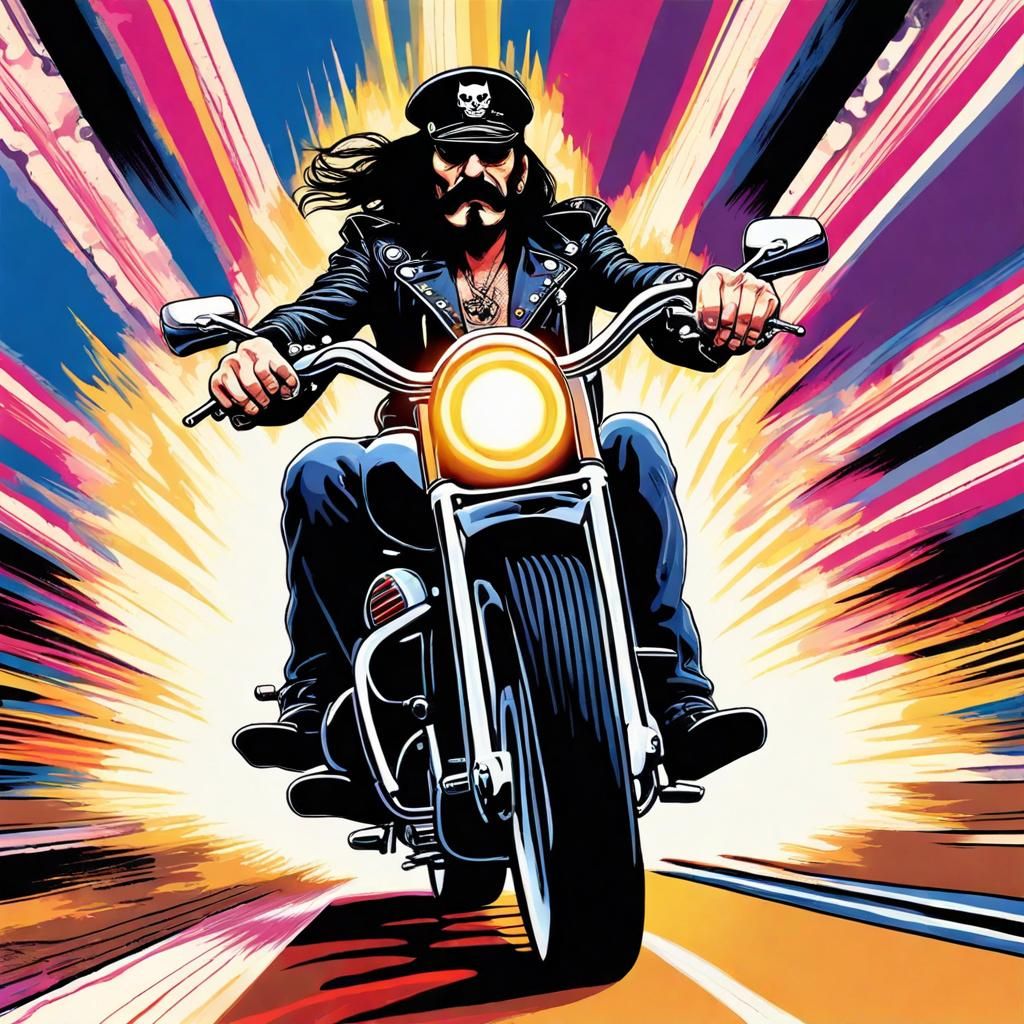 Lemmy Kilmister on Motorbike in Pop Art Style