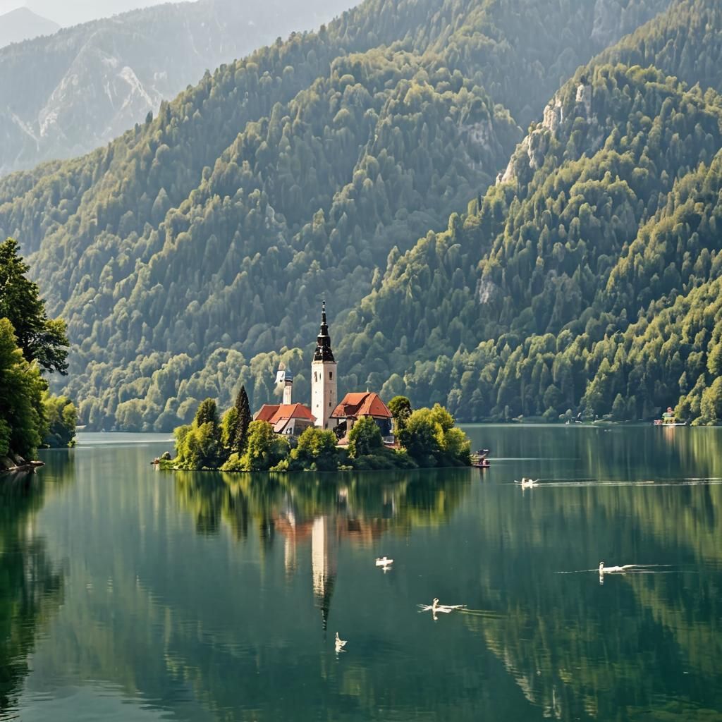 Lake Bled Island Church: Ultra Realistic Oil Painting