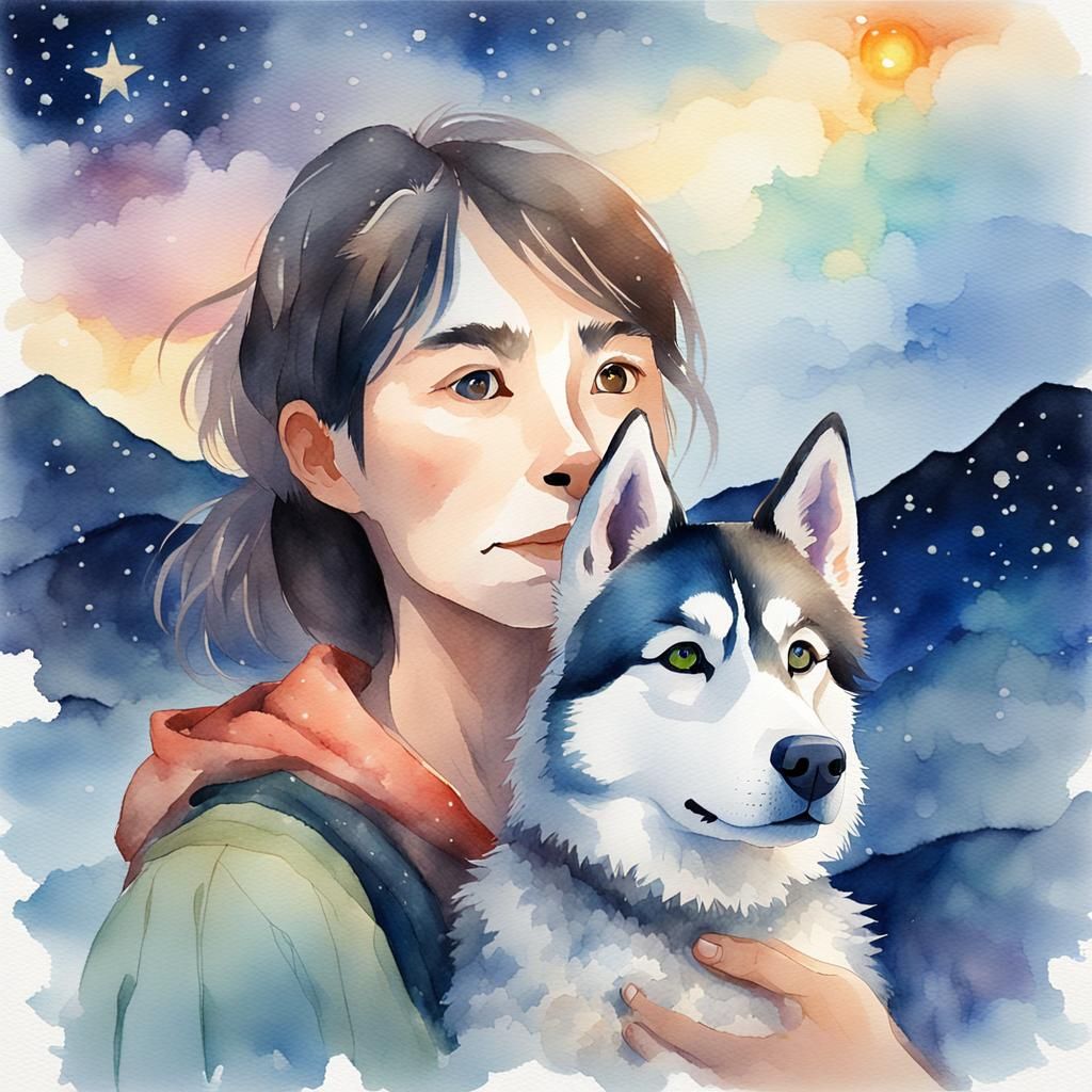 Dreamy anime-style watercolor portrait of a young woman with...