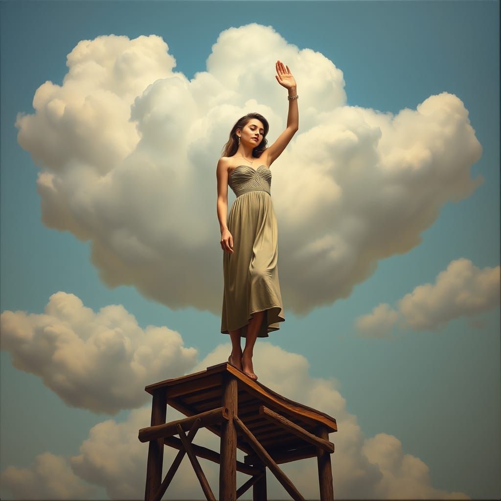 Woman Touching Clouds: Surreal Oil Painting