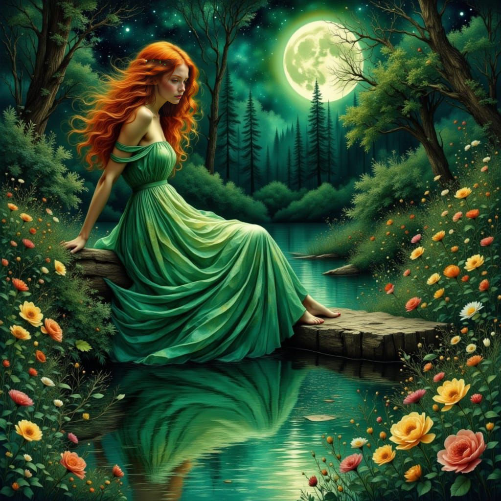 Red-Haired Woman Reflecting in Enchanted Pond