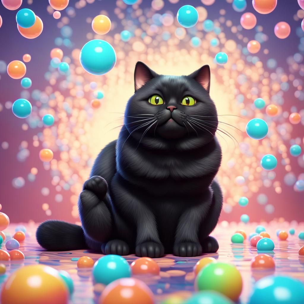 Chubby Black Cat with Bubbles in Sugary Manga Style