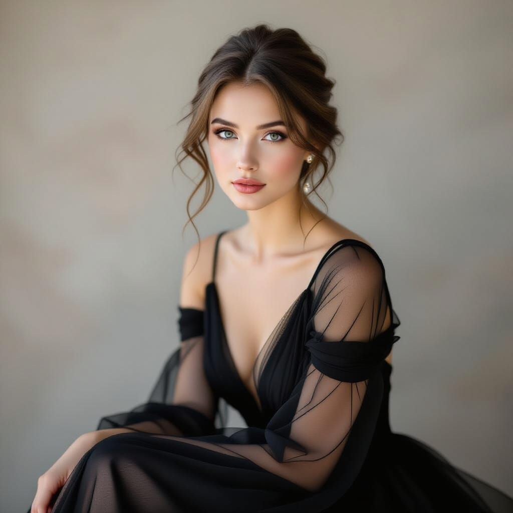 A poised young woman in an elegant black sheer gown sits gra...