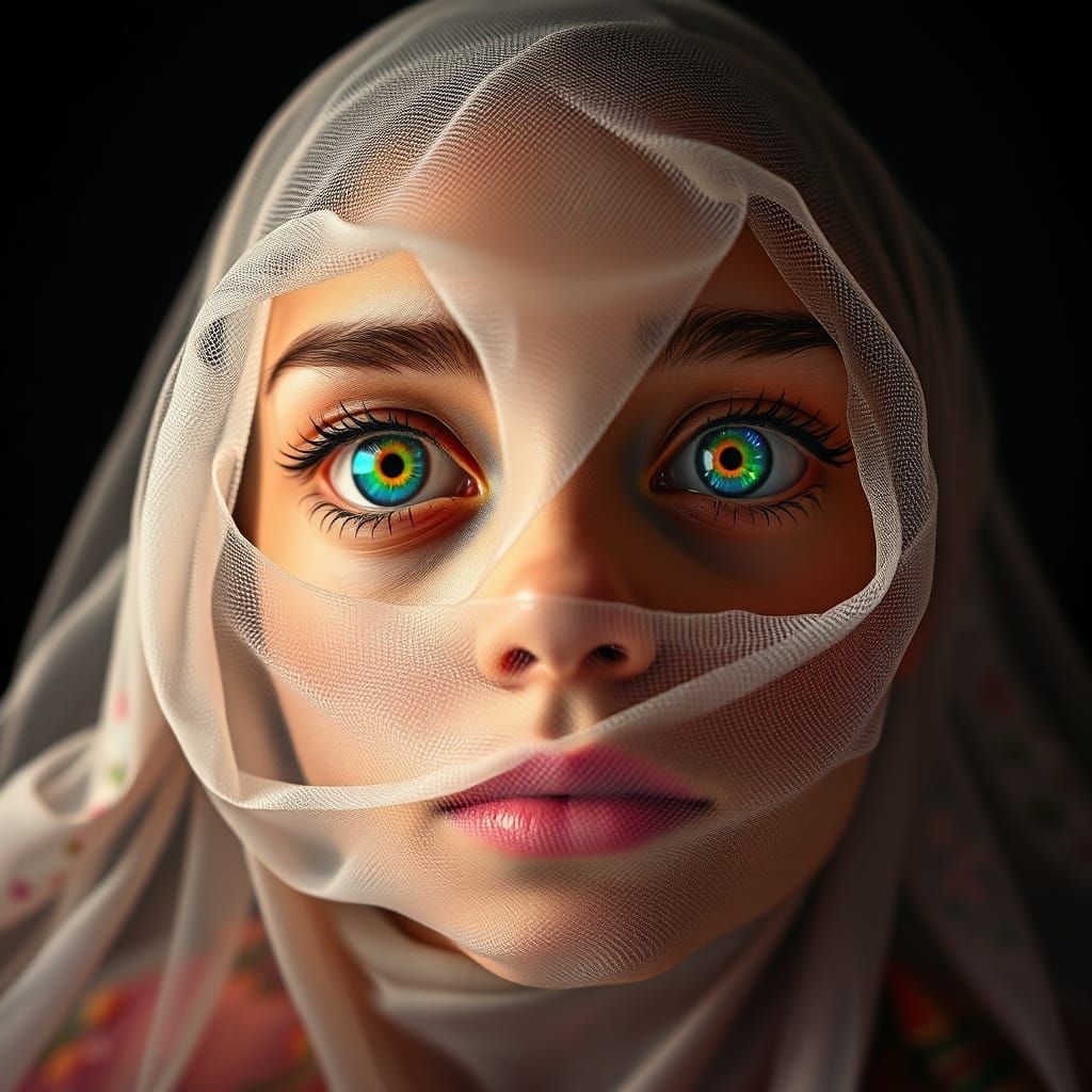 Stunning Portrait with Rainbow Eyes and Iridescent Beauty