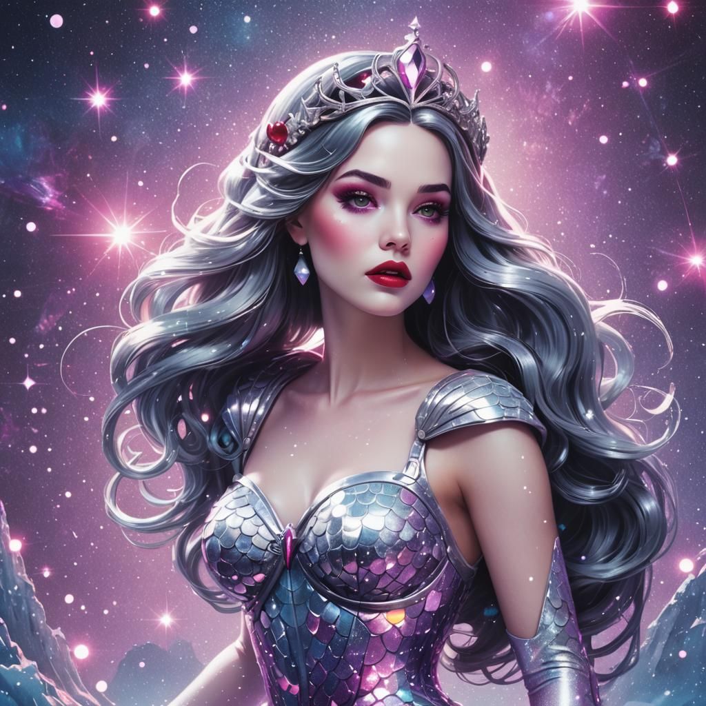 Snow White as Space Mermaid in Synthwave Style