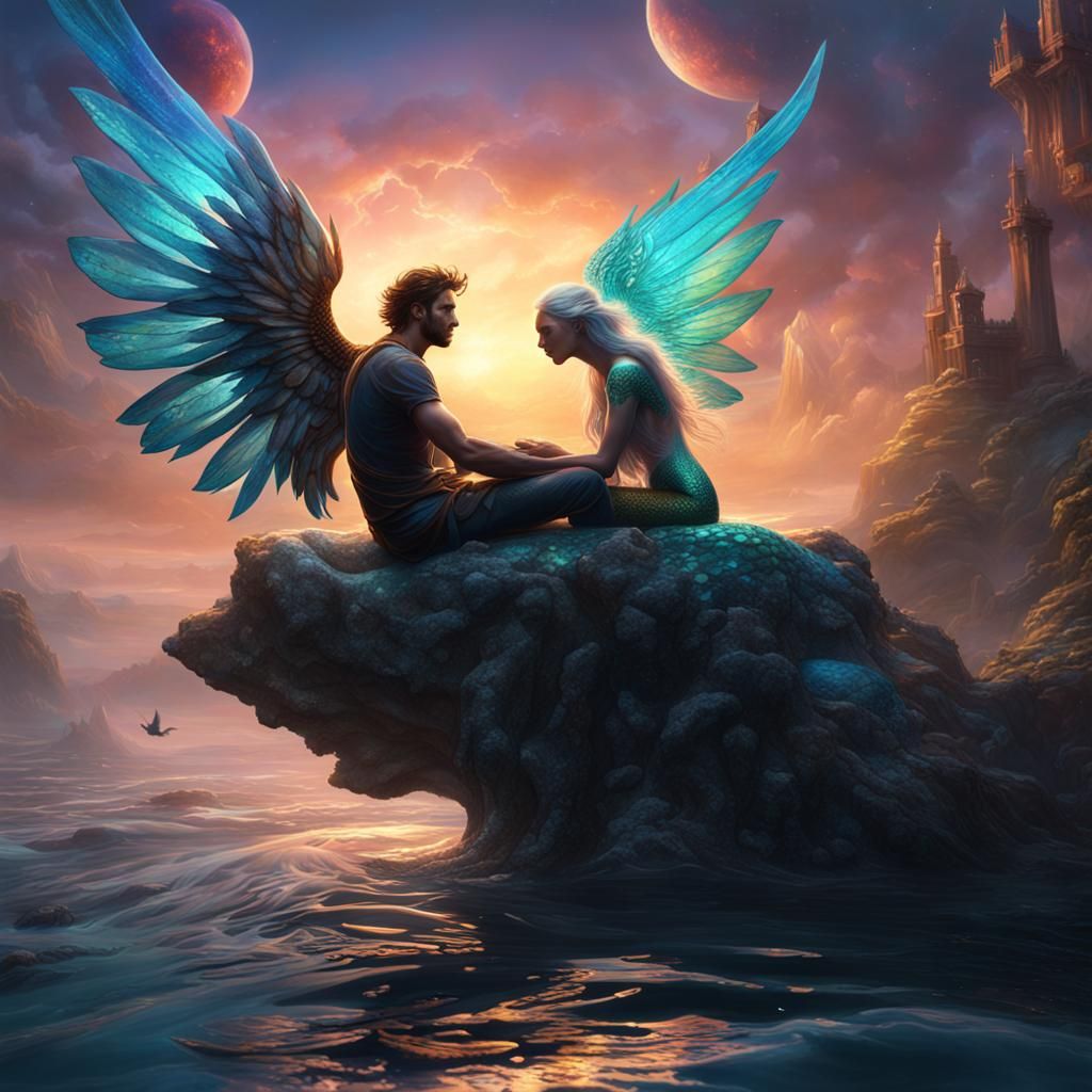 Iridescent Angel Flies Over Sleeping Mermaid