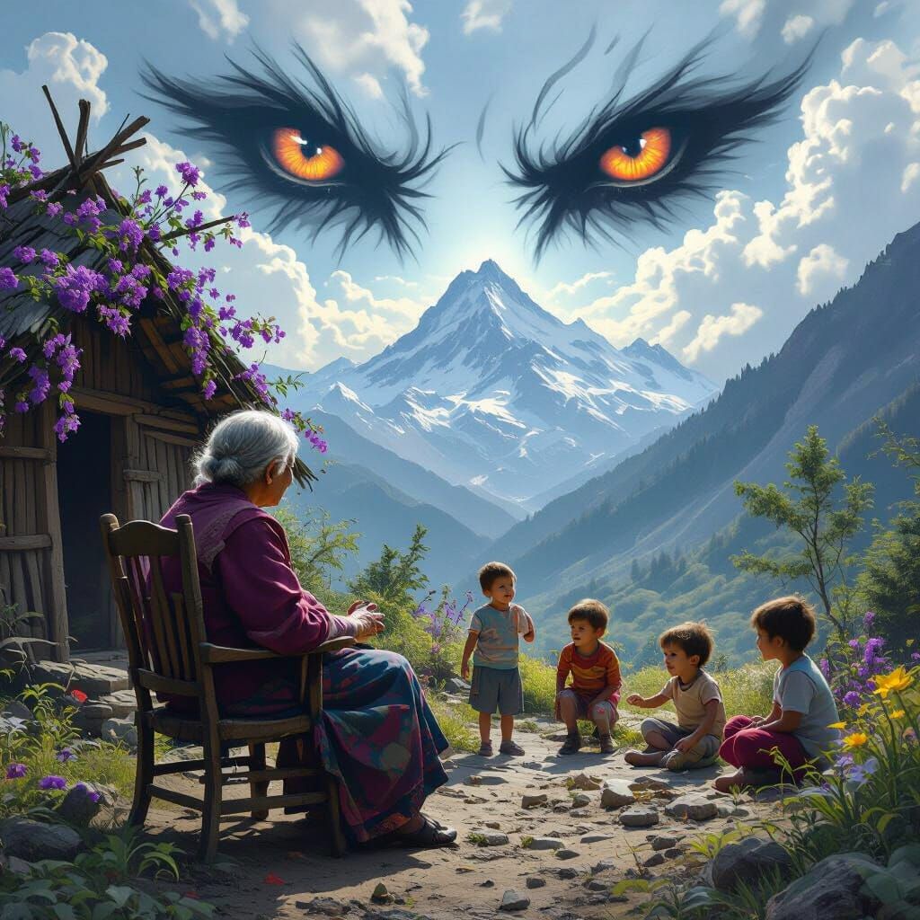 Old Woman With Children, Fantastical Mountain Landscape