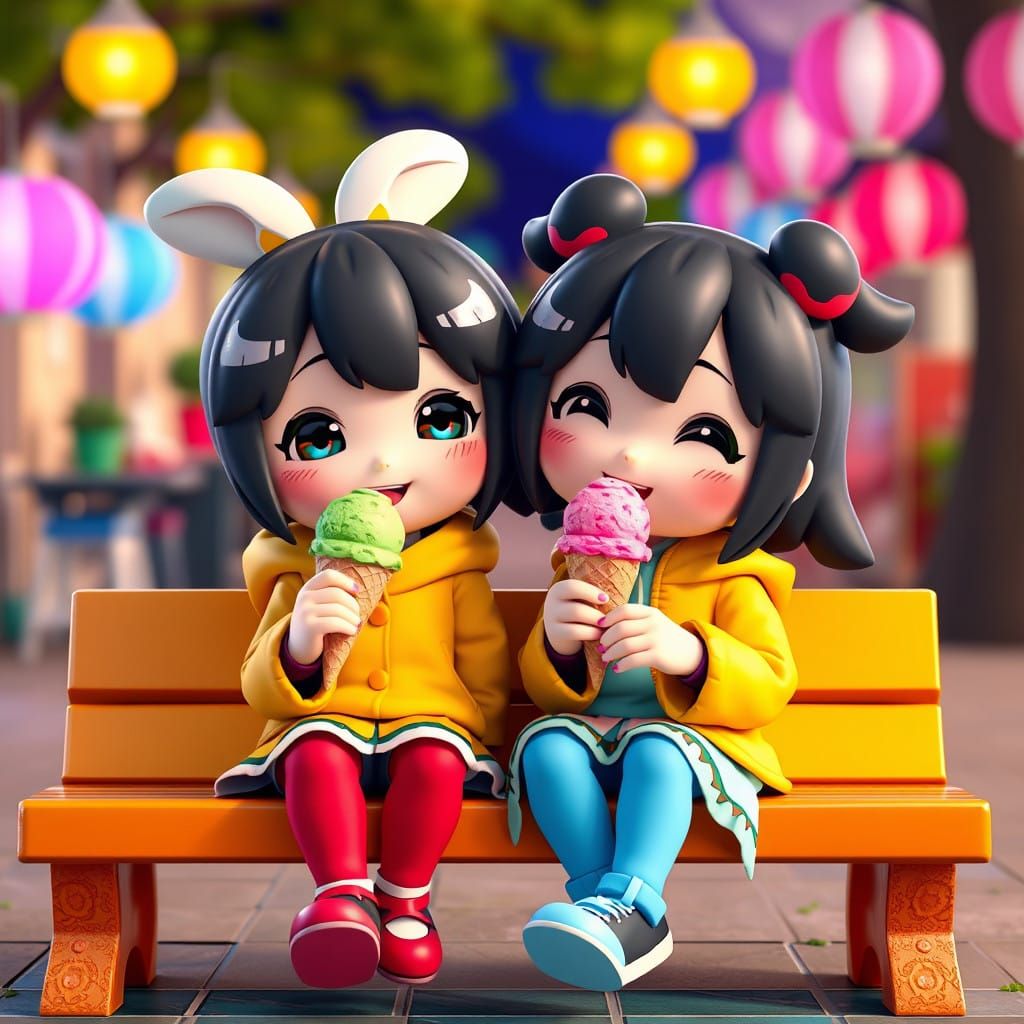 Adorable Cartoon Couple Enjoy Ice Cream on a Vibrant Bench