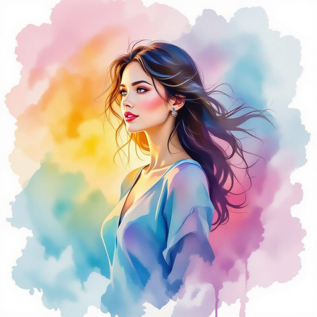 Beautiful Woman in Vibrant Watercolor Wind