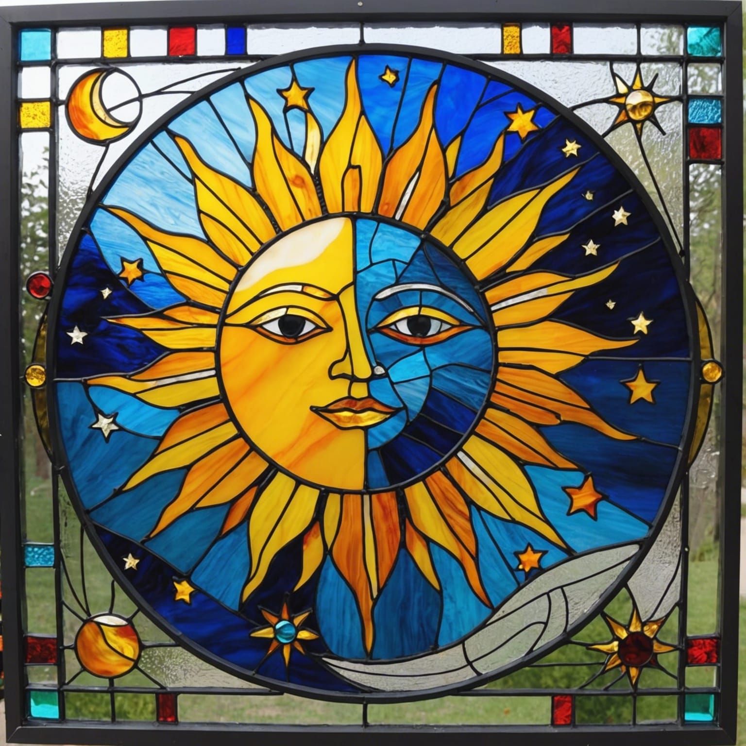 Stained Glass Sun, Moon, and Stars Art