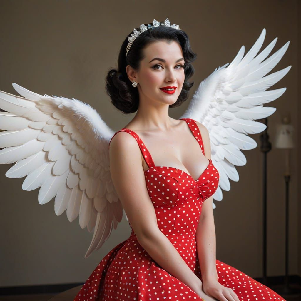 Winged Beauty in Polka Dots: A 1950s Pin-Up Angel