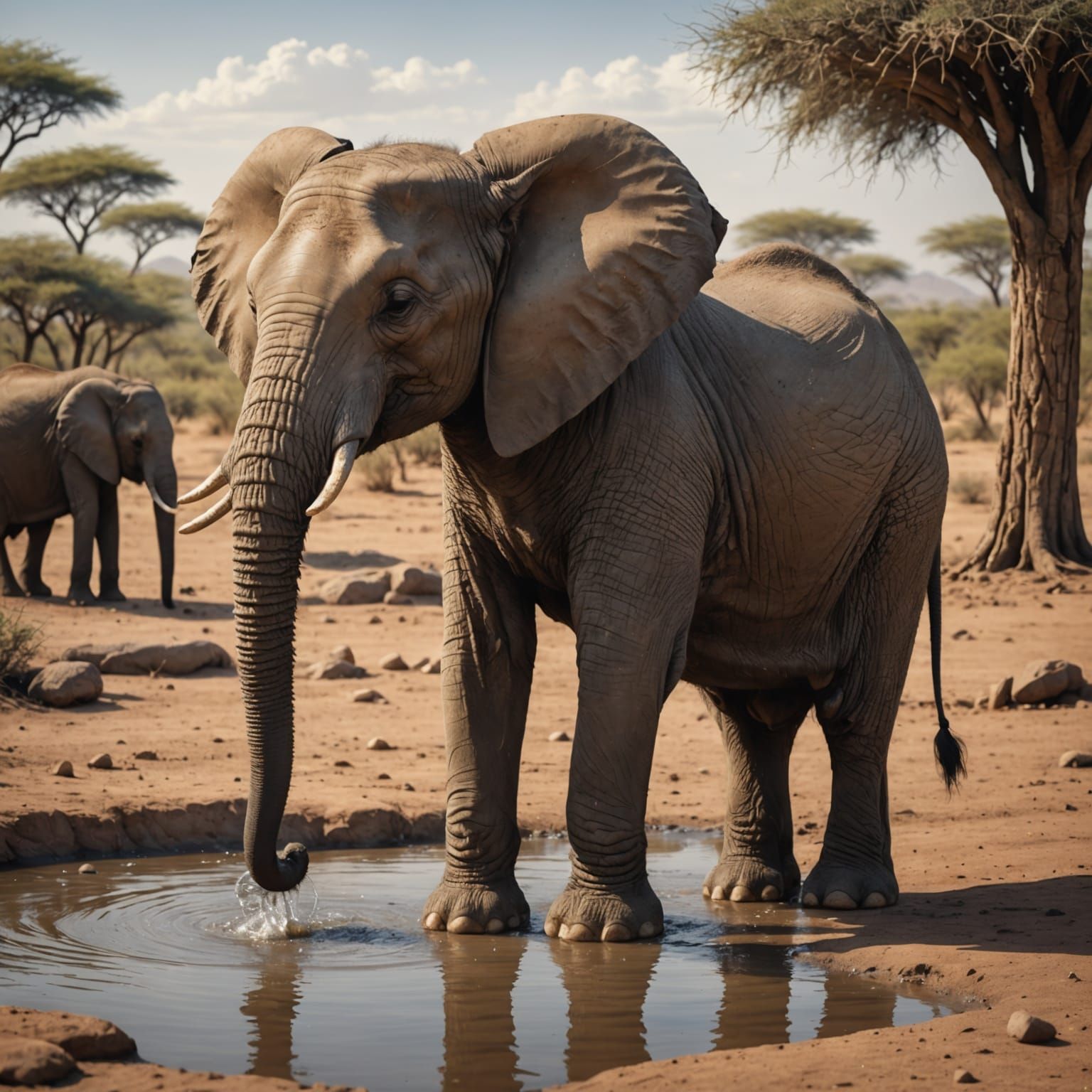 Infant Elephant at Watering Hole: Detailed Matte Painting