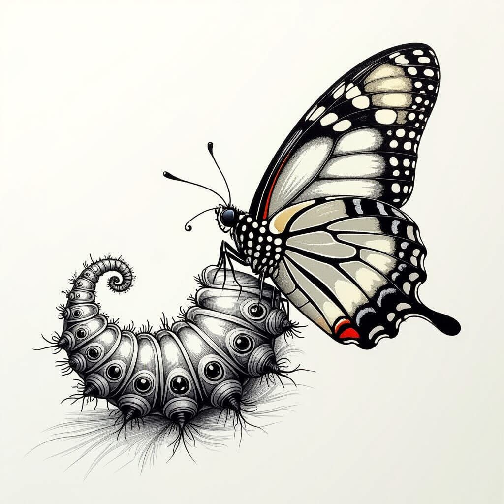Pencil Sketch of Caterpillar Metamorphosis into Butterfly