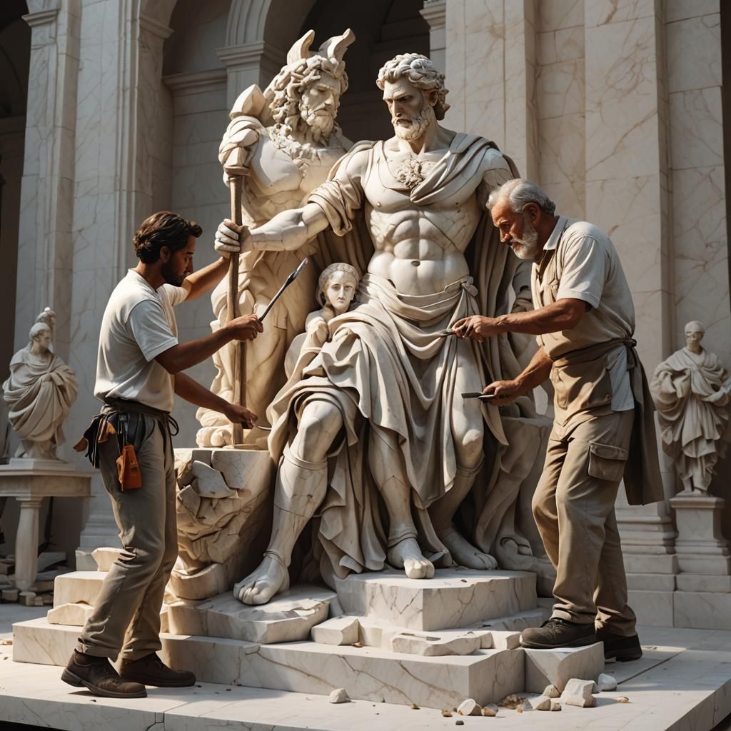 Master Sculptor and Apprentice Carving Statue: Hyperrealisti...
