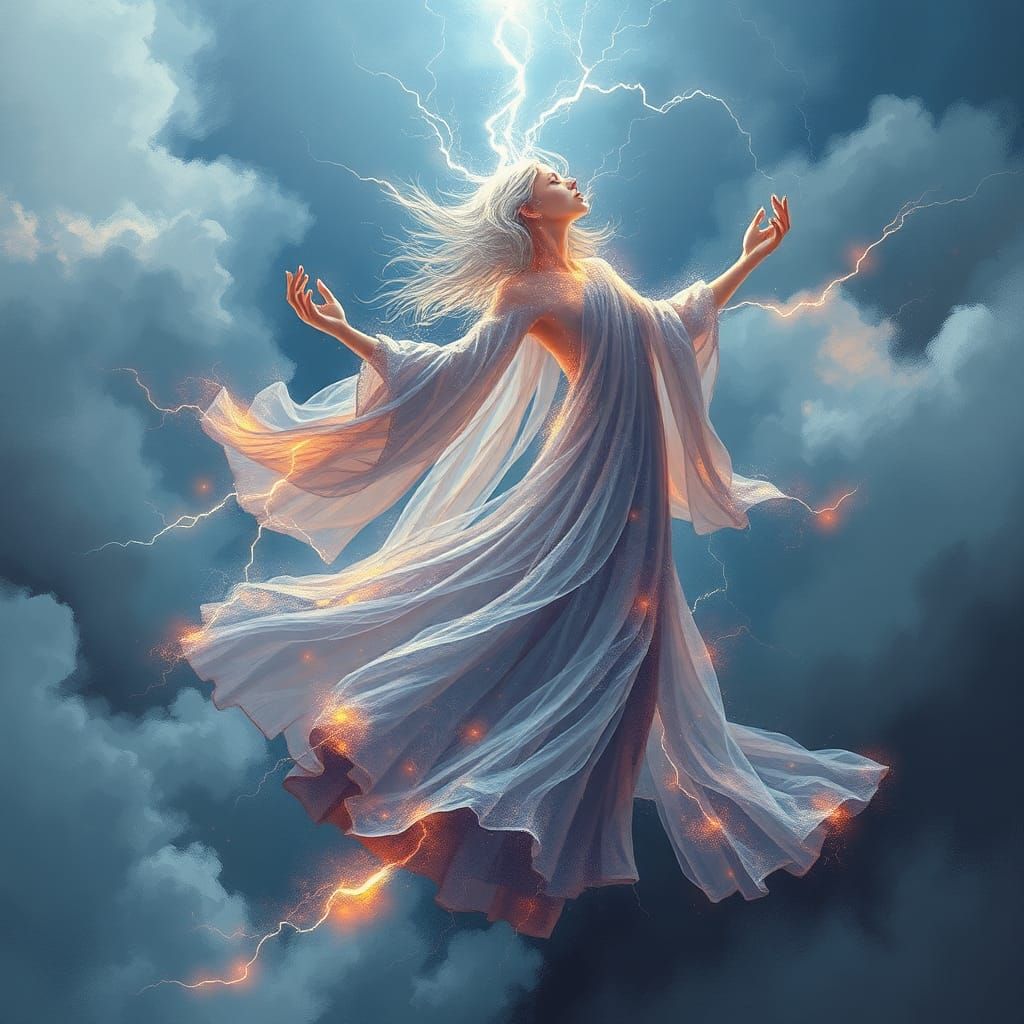 Ethereal Lightning Being Dances in Stormy Sky